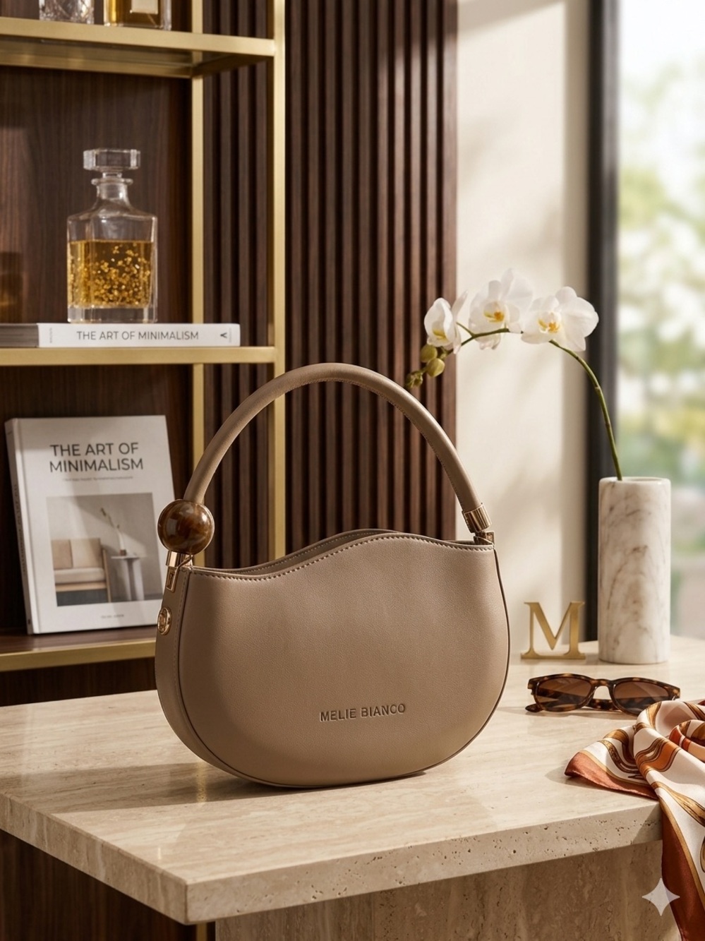 Melie Biiano Taupe Sculpted Handle Shoulder Bag